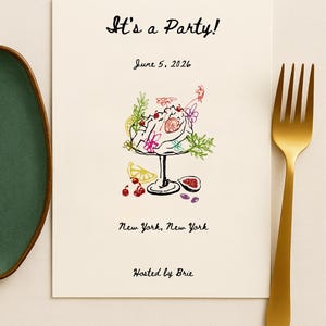 May include: A cream-colored party invitation with the text "It's a Party!" and "June 5, 2026". The invitation features a colorful illustration of a cocktail with fruit and flowers. The text "New York, New York" and "Hosted by Brie" are also included.