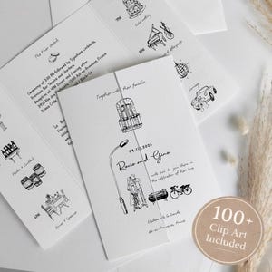 May include: White wedding invitation suite with black ink illustrations. The invitation includes event details, a date, names, and a location. The design features clip art of a couple, a carriage, and other wedding-related imagery. The text "100+ Clip Art Included" is also visible.