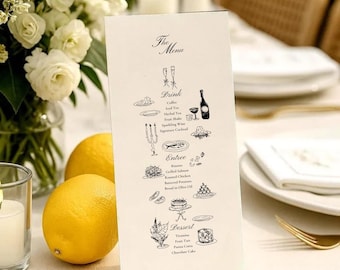 Plantilla de menú de boda original, tarjetas de menú de cena dibujadas a mano, menú de recepción vintage, menú elegante para despedida de soltera imprimible, plantilla de Canva