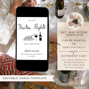 Pu&ograve; includere: Uno smartphone mostra un modello di invito "Pasta Night" in bianco e nero. Il design include illustrazioni di pasta, vino e una bottiglia. L'invito mostra anche la data, l'ora e il luogo. Una scheda separata pubblicizza un modello di invito 5x7.