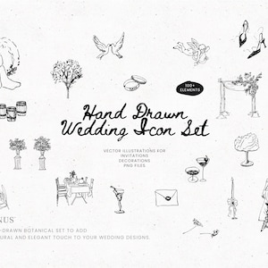 May include: A collection of black and white hand-drawn wedding icons featuring illustrations of a couple, doves, rings, a wedding arch, shoes, a table setting, and floral arrangements with the text Hand Drawn Wedding Icon Set and 100+ elements.