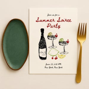 May include: A green oval plate with a brown rim, a gold fork, and a cream-colored invitation. The invitation features a wine bottle, cocktails, and the text "Summer Soiree Party" with the date and location.
