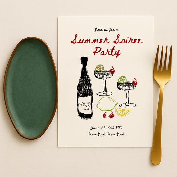 Summer Soiree Invitation Template Editable Canva, Whimsical Hand Drawn Cocktail Party Invite, Wine Night Invite, Chic Minimalist Invite