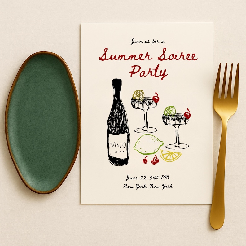 May include: A green oval plate with a brown rim, a gold fork, and a cream-colored invitation. The invitation features a wine bottle, cocktails, and the text "Summer Soiree Party" with the date and location.