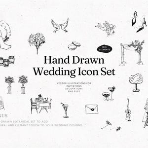 May include: A collection of hand-drawn wedding icons in black and white. The set includes illustrations of a bride and groom, doves, wedding rings, a tree, and other decorative elements. Text on the image reads "Hand Drawn Wedding Icon Set".