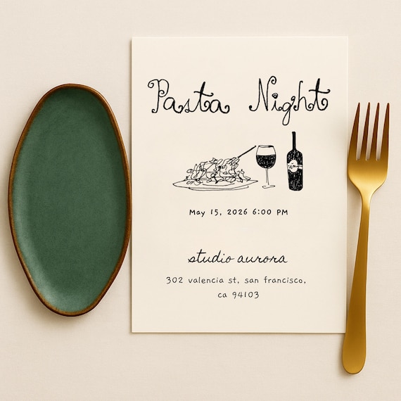 Pasta Night Invitation Template Editable Canva, Whimsical Hand Drawn Dinner Party Invite, Italian Dinner Invite Printable, Wine Night Invite