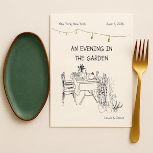 以下が含まれることがあります： 「An Evening in the Garden」のテキストと2026年6月5日の日付が入った招待状。テーブルセッティング、植物、ストリングライトのスケッチが特徴です。金のフォークと緑色の楕円形のお皿が両側にあります。
