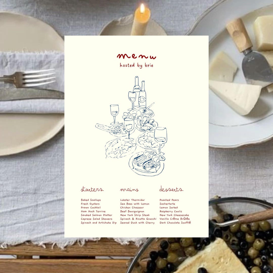 Dinner Party Menu Template, Hand Drawn Illustration Menu, Printable ...