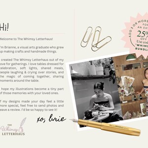 May include: A promotional image for The Whimsy Letterhaus, featuring a gold fountain pen, paper clips, and a photo of a woman. Text includes "Hi!" and a discount offer for templates. The Whimsy Letterhaus logo is also visible.