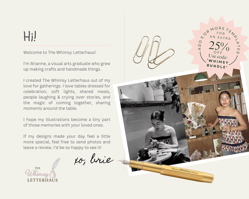 May include: A promotional image for The Whimsy Letterhaus, featuring a gold fountain pen, paper clips, and a photo of a woman. Text includes "Hi!" and a discount offer for templates. The Whimsy Letterhaus logo is also visible.
