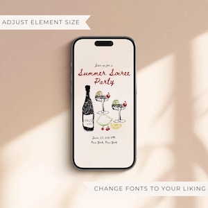 May include: A smartphone displays a digital invitation for a "Summer Soiree Party." The invitation features a wine bottle, cocktail glasses, and fruit illustrations. Text includes the date, time, and location: June 22, 5:00 PM, New York, New York.