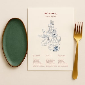 Puede incluir: Una tarjeta de menú color crema titulada "menu hosted by brie" en letra roja, con un dibujo lineal azul de una mesa con comida y vino. A la izquierda hay un plato ovalado verde y a la derecha un tenedor dorado mate. El menú enumera entrantes, platos principales y postres en texto rojo.