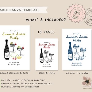 May include: An editable Canva template with three variations of a Summer Soiree Party invitation. The designs include a bottle, cocktail glasses, and fruit. The text includes "Summer Soiree Party", event details, and options for colored elements, black & white, and a single color.