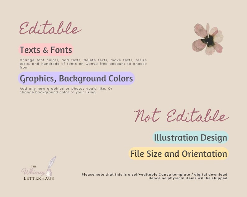 May include: A digital download template with the text "Editable" in a cursive font. The image highlights customizable features like text, fonts, graphics, and background colors. The template also includes "Not Editable" sections for illustration design and file size.