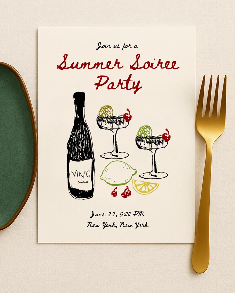 May include: An invitation for a Summer Soiree Party. The design features a bottle of wine, two cocktail glasses with lime and cherry garnishes, and a lime and lemon slice. The text includes the date, time, and location.
