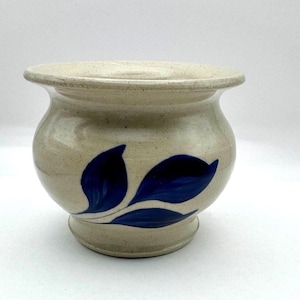 Williamsburg Pottery Stoneware Planter Cobalt Blue Leaf Salt Glaze Crock