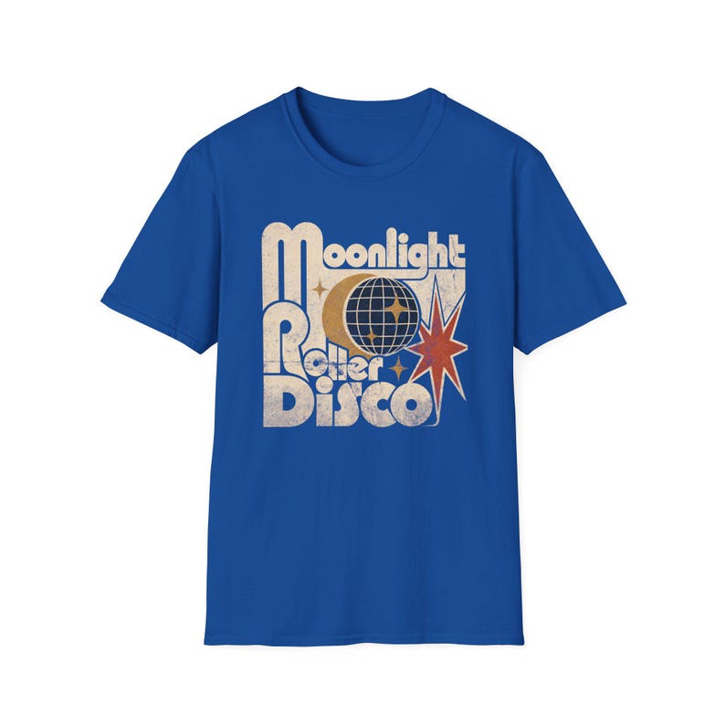 Koszulka Moonlight Roller Disco, koszulka retro disco, koszulka vintage roller skate, koszulka z grafiką z lat 70. na rolkach, koszulka disco ball moon zdjęcie 7