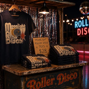 Może przedstawiać: Granatowe koszulki z grafiką w stylu retro "Moonlight Roller Disco", wystawione na drewnianym stoisku. Znak głosi "Moonlight Roller Disco Tees $28". Scena jest uzupełniona kulą dyskotekową i neonem.