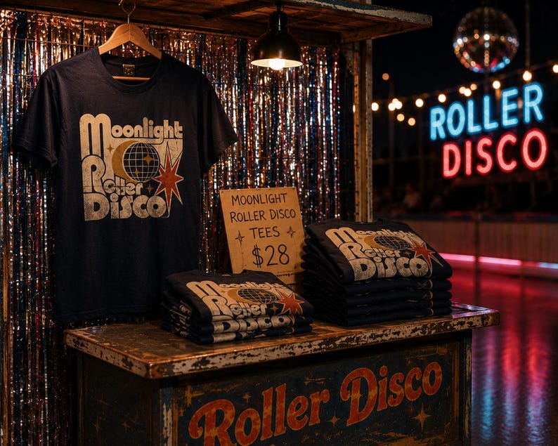 Może przedstawiać: Granatowe koszulki z grafiką w stylu retro "Moonlight Roller Disco", wystawione na drewnianym stoisku. Znak głosi "Moonlight Roller Disco Tees $28". Scena jest uzupełniona kulą dyskotekową i neonem.