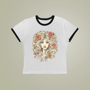 Vintage 70s Girl Graphic Tee, Retro Floral Face T-Shirt, Boho Aesthetic Ringer Tee, Indie Cool Girl Shirt, Flower Child Style image 4
