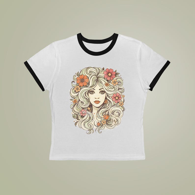 Vintage 70s Girl Graphic Tee, Retro Floral Face T-Shirt, Boho Aesthetic Ringer Tee, Indie Cool Girl Shirt, Flower Child Style image 4