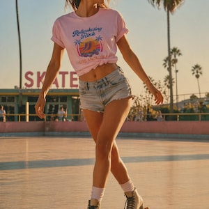 Może przedstawiać: Osoba w różowej koszulce z grafiką "Rollerskating Rink Los Angeles", dżinsowych szortach i rolkach. Rolki są białe z czerwonymi kółkami. Tło obejmuje palmy i znak z napisem "SKATE".