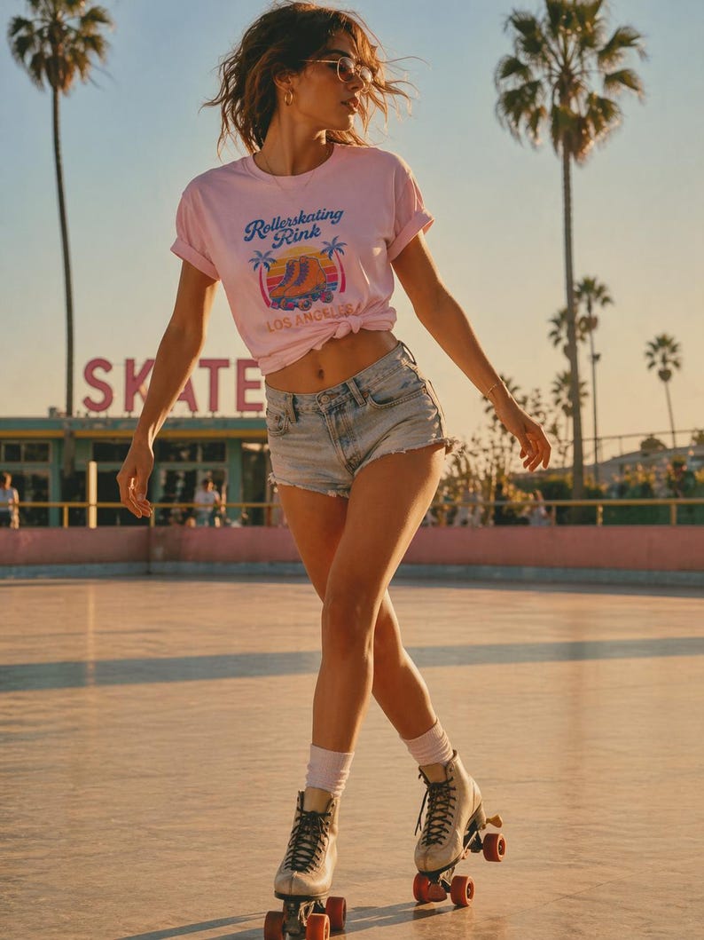 May include: A person wearing a pink t-shirt with "Rollerskating Rink Los Angeles" graphic, denim shorts, and roller skates. The roller skates are white with red wheels. The background includes palm trees and a sign that says "SKATE".