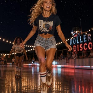 Może przedstawiać: Kobieta jeździ na rolkach w dyskotece na rolkach. Ma na sobie granatową koszulkę z napisem "Moonlight Roller Disco", dżinsowe szorty i białe rolki z czerwonymi k&oacute;łkami. Ma blond włosy i się uśmiecha. Inni ludzie jeżdżą na rolkach w tle.