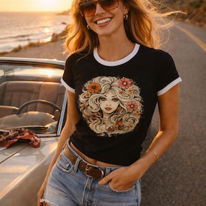 Vintage 70s Girl Graphic Tee, Retro Floral Face T-Shirt, Boho Aesthetic Ringer Tee, Indie Cool Girl Shirt, Flower Child Style image 11