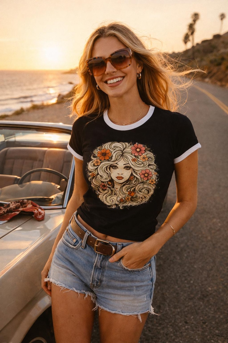 Vintage 70s Girl Graphic Tee, Retro Floral Face T-Shirt, Boho Aesthetic Ringer Tee, Indie Cool Girl Shirt, Flower Child Style image 11