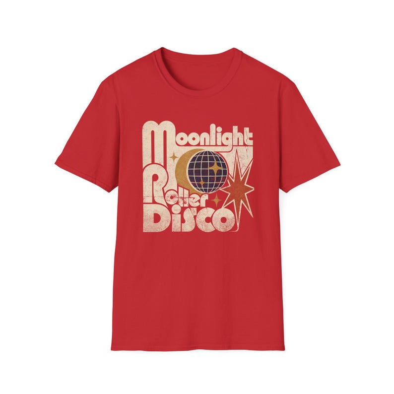 Koszulka Moonlight Roller Disco, koszulka retro disco, koszulka vintage roller skate, koszulka z grafiką z lat 70. na rolkach, koszulka disco ball moon zdjęcie 9