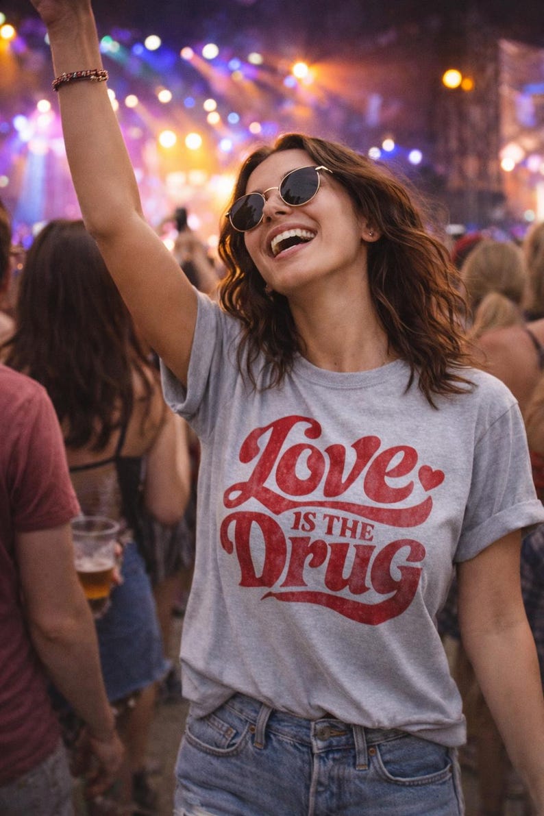 May include: A gray t-shirt with the text "Love is the Drug" in red script. The person is wearing sunglasses and smiling with their arm raised in a crowd at a concert.