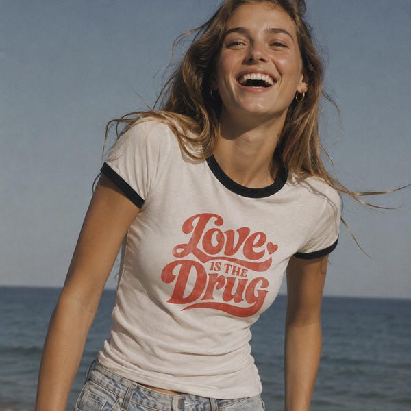 Love Is the Drug Ringer T-Shirt, Retro Love Shirt, Vintage Typography Graphic Tee, Unisex Gift for Music Lover, Retro 70s Style