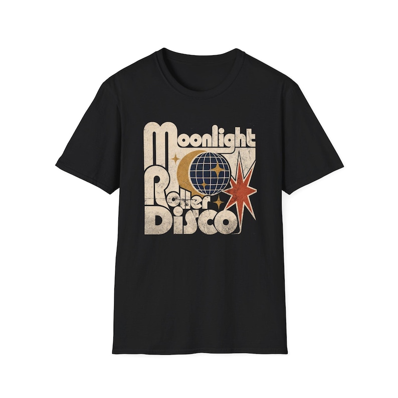 Koszulka Moonlight Roller Disco, koszulka retro disco, koszulka vintage roller skate, koszulka z grafiką z lat 70. na rolkach, koszulka disco ball moon zdjęcie 5