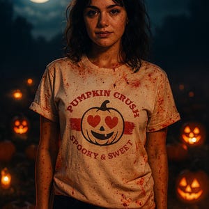 Könnte beinhalten: Eine Person trägt ein cremefarbenes T-Shirt mit dem Text "PUMPKIN CRUSH" über einer Kürbisgrafik mit herzförmigen Augen und den Worten "SPOOKY & SWEET" darunter. Das Shirt hat rote Spritzer. Der Hintergrund zeigt beleuchtete Kürbislaternen und einen Vollmond.