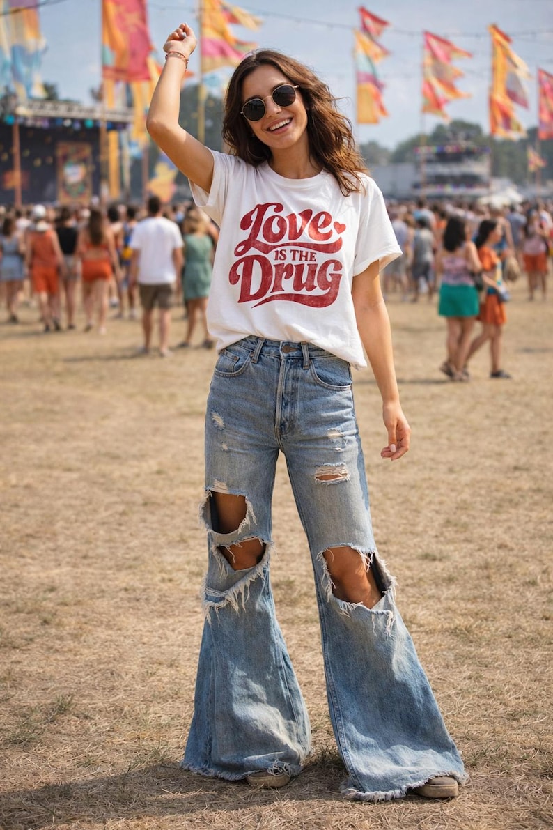 May include: A white t-shirt with the text "Love is the Drug" in red, paired with light blue ripped flare jeans. The person is wearing sunglasses and is at an outdoor event with flags in the background.