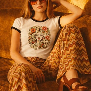 Vintage 70s Girl Graphic Tee, Retro Floral Face T-Shirt, Boho Aesthetic Ringer Tee, Indie Cool Girl Shirt, Flower Child Style image 2