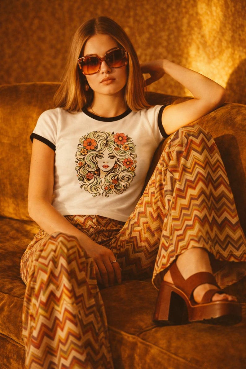 Vintage 70s Girl Graphic Tee, Retro Floral Face T-Shirt, Boho Aesthetic Ringer Tee, Indie Cool Girl Shirt, Flower Child Style image 2