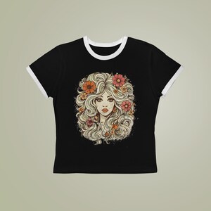 Vintage 70s Girl Graphic Tee, Retro Floral Face T-Shirt, Boho Aesthetic Ringer Tee, Indie Cool Girl Shirt, Flower Child Style image 6