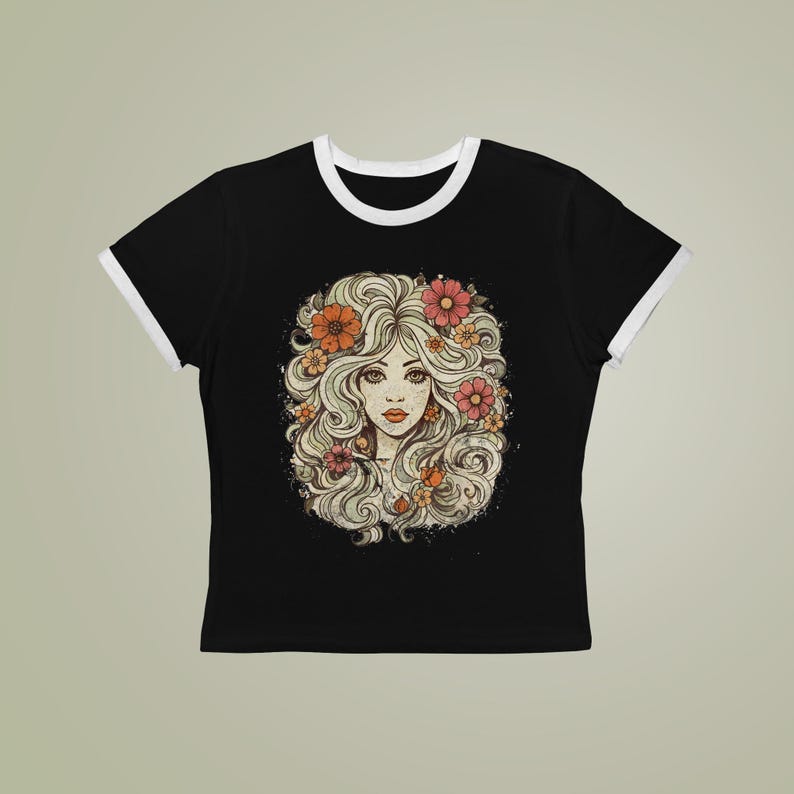 Vintage 70s Girl Graphic Tee, Retro Floral Face T-Shirt, Boho Aesthetic Ringer Tee, Indie Cool Girl Shirt, Flower Child Style image 6