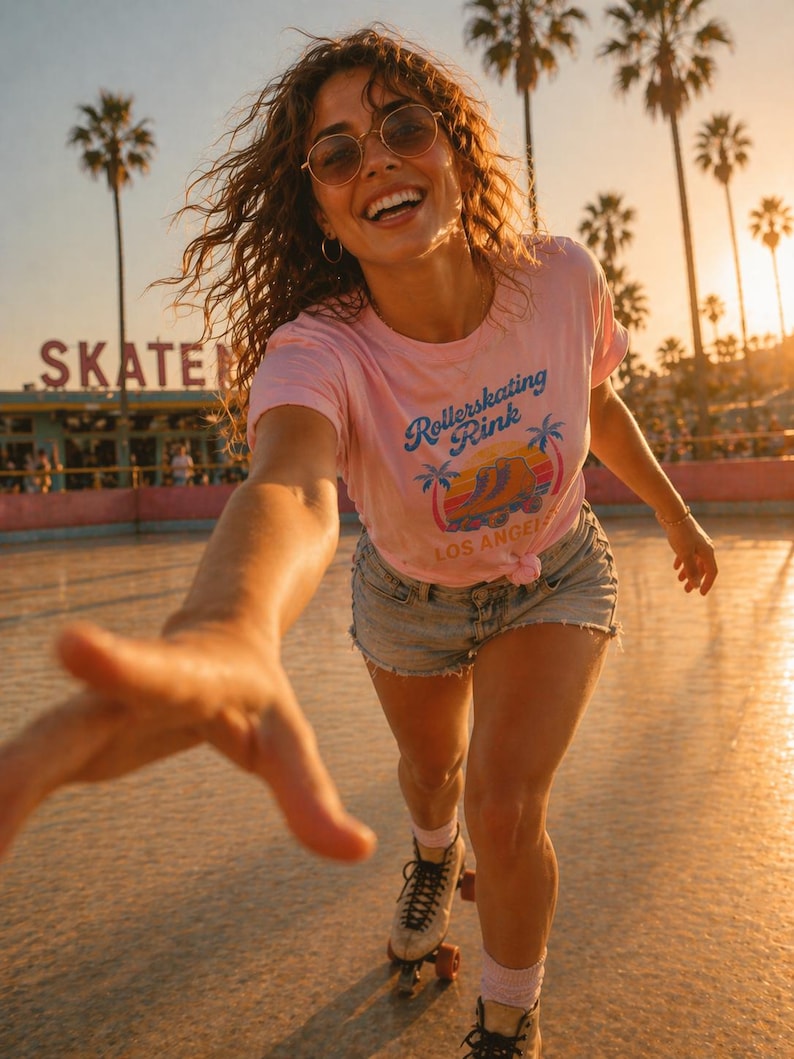 May include: A woman wearing a pink t-shirt with "Rollerskating Rink Los Angeles" text, denim shorts, and roller skates. She is smiling and wearing sunglasses. Palm trees and a "SKATE" sign are in the background.