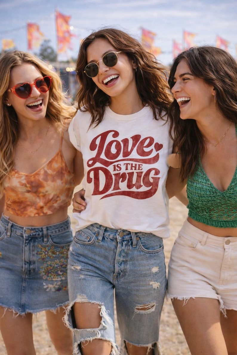 May include: Three smiling people wearing casual clothing. One person wears a white t-shirt with the text "Love is the Drug" in red. Others wear sunglasses, a tie-dye top, and a green top. They are standing outside.