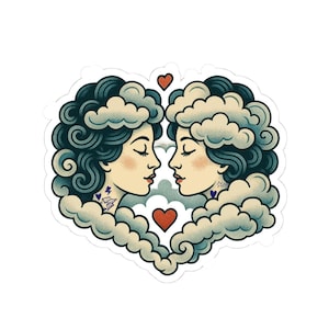 May include: A sticker featuring two women in profile, their faces touching, surrounded by cloud-like hair and a heart-shaped cloud border. The women have tattoos and red hearts are placed above and below them. The color palette includes beige, blue, and red.