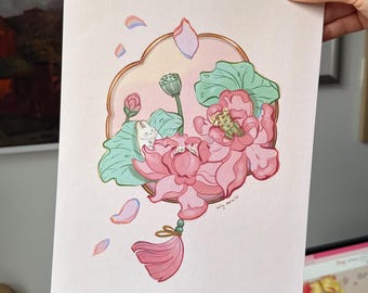 Floral Bunny Art Print | Japanese Lotus Flower Illustration