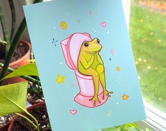 Frog Toilet Art Print | Bathroom Wall Decor | Cottagecore Illustration (A4)