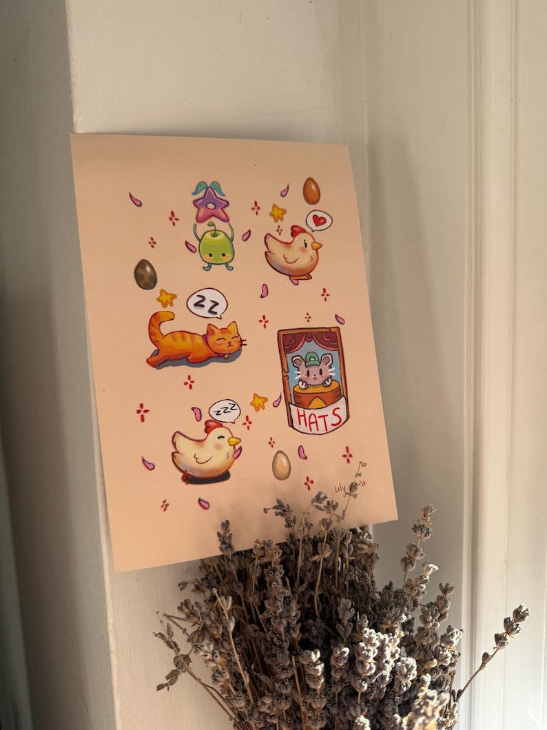 May include: A whimsical illustration featuring cartoon animals and objects. The artwork includes a sleeping orange cat, a chicken, a green creature, and a mouse in a hat. The word "HATS" is also visible. The background is a light peach color.