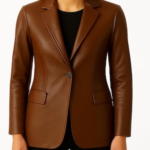 Women’s Brown Leather Blazer – Tailored Fit with Lapel Collar | Faux Leather Jacket for Office, Streetwear, or Night Out