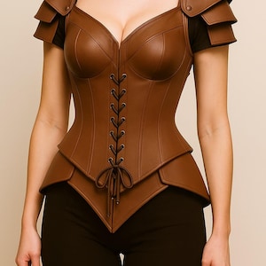 Women’s Brown Leather Armor – Corset Style with Shoulder Plates | Fantasy Cosplay, LARP, Renaissance Faire, or Warrior Costume