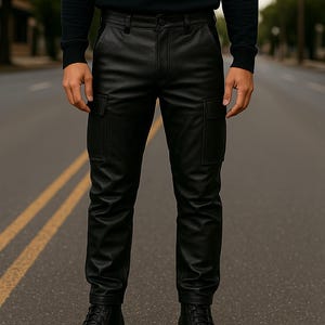 Pantalones cargo de cuero negro para hombre: estilo utilitario con bolsillos laterales / Ropa urbana resistente para moteros, festivales y moda urbana