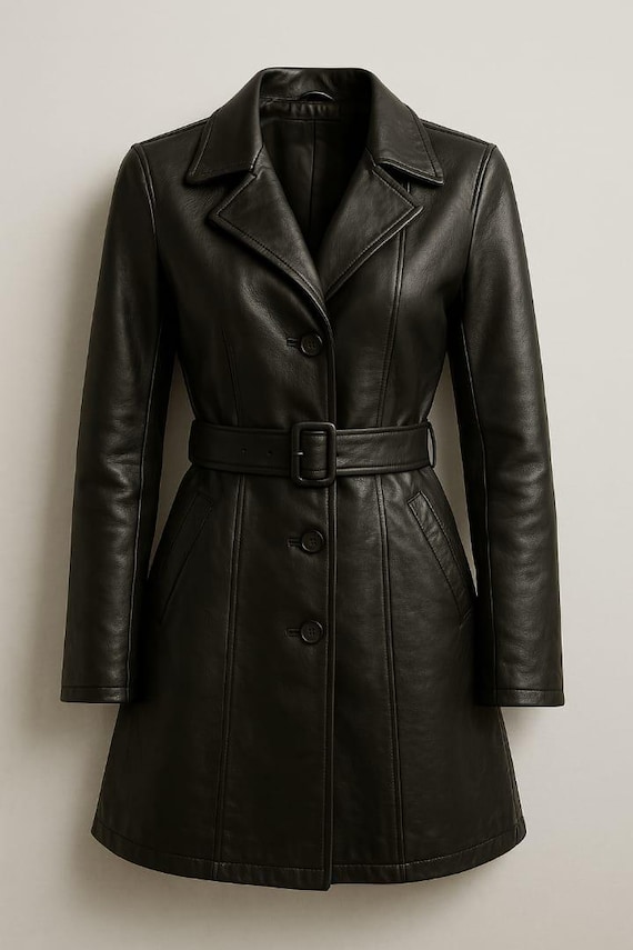 Schwarzer Ledermantel für Damen Gesteppter Biker-Stil mit